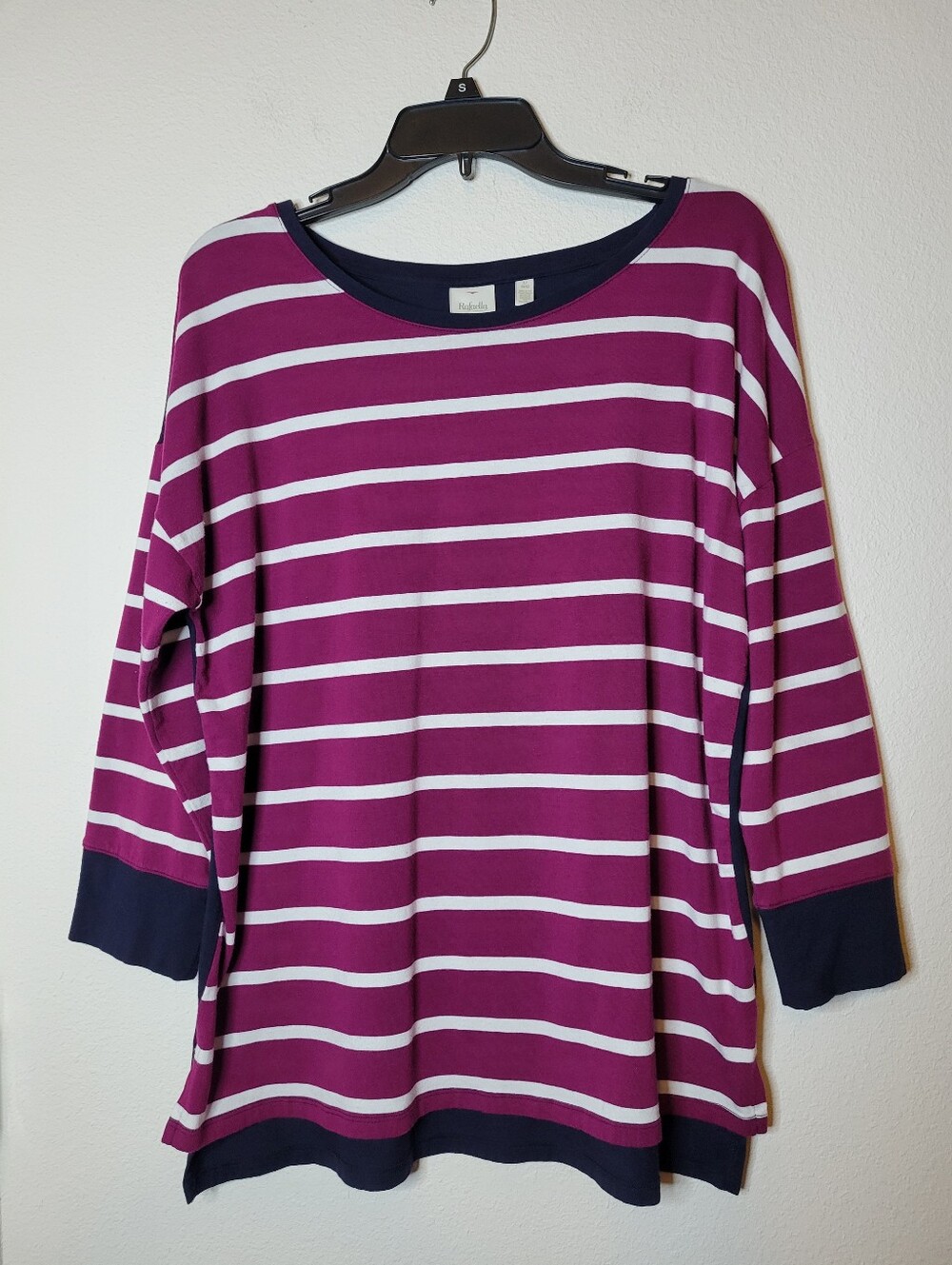 Rafaella Sport 3/4 Sleeve Striped Tunic Top, Large Magenta, Navy, EUC
